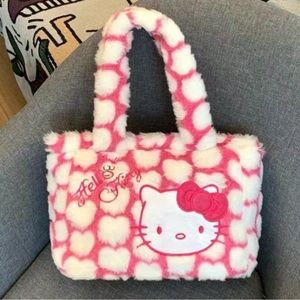 HELLO KITTY FURRY PINK TOTE WITH HELLO KITTY FACE AND HEART PRINTS
